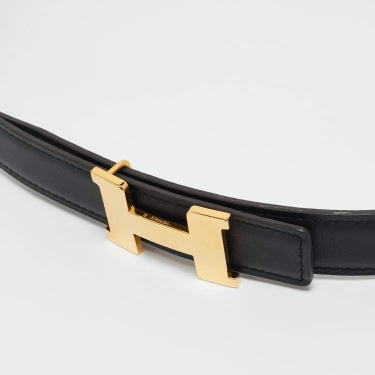 Pre Owned Hermes Gold/Noir Epsom and Swift Leather Constance Reversible Slim Belt 80 CM