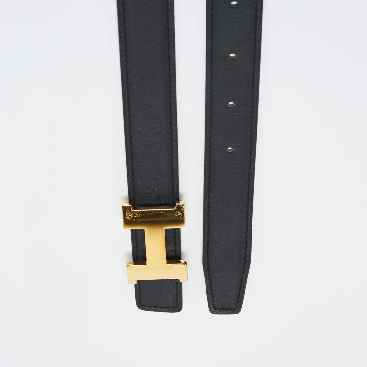 Pre Owned Hermes Gold/Noir Epsom and Swift Leather Constance Reversible Slim Belt 80 CM