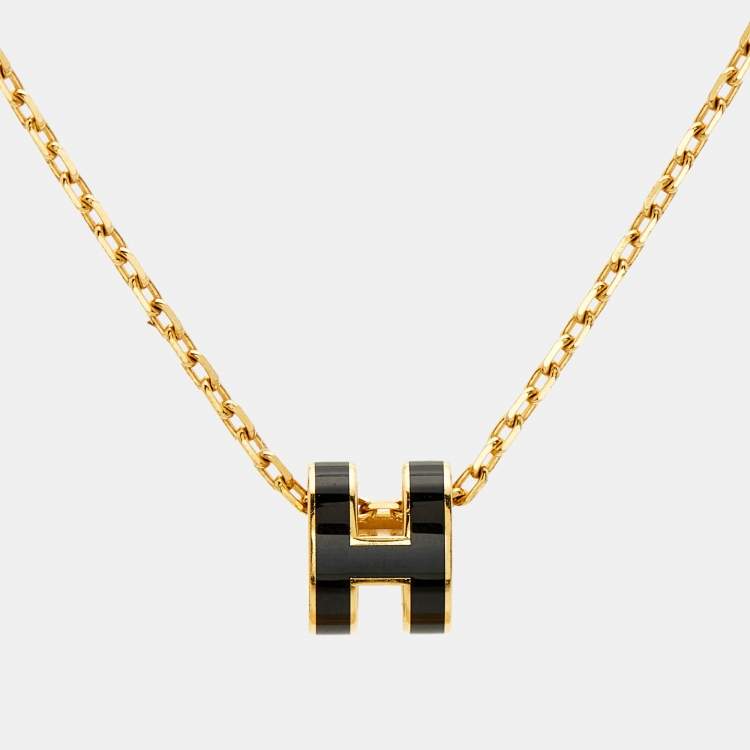 Pre Owned Hermes Mini Pop H Enamel Gold Plated Necklace
