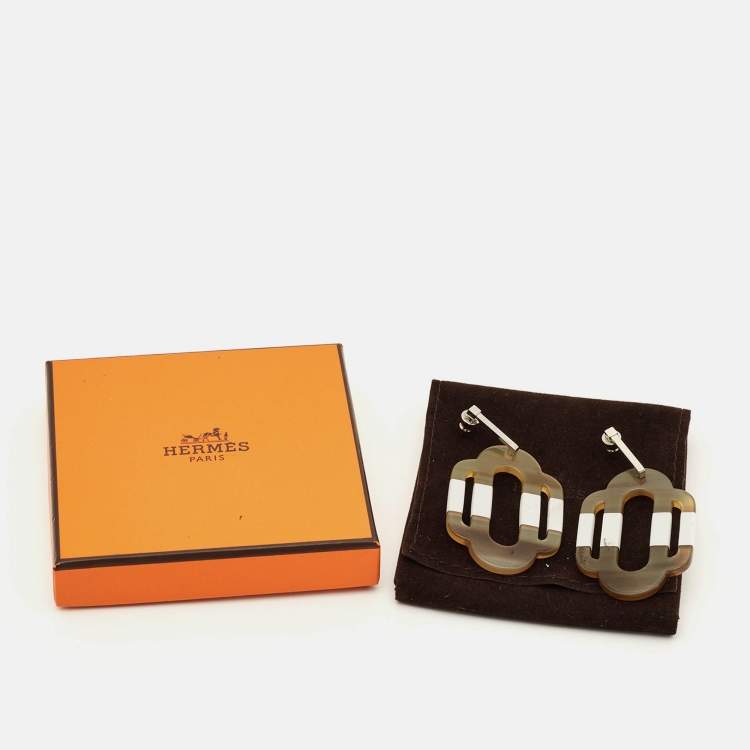 Pre Owned Hermes Horn and Enamel Silver Tone Earrings