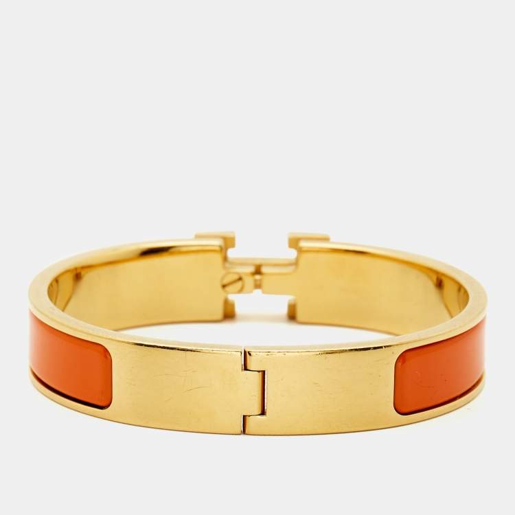 Pre Owned Hermès Clic H Orange Enamel Gold Plated Bracelet