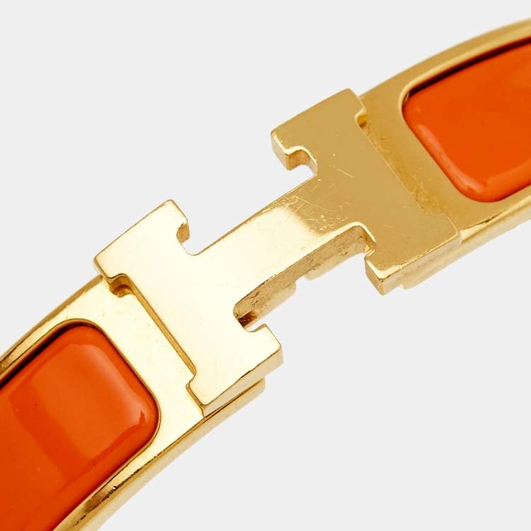 Pre Owned Hermès Clic H Orange Enamel Gold Plated Bracelet