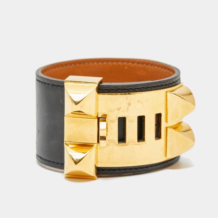 Pre Owned Hermès Collier De Chien Black Leather Gold Plated Bracelet S