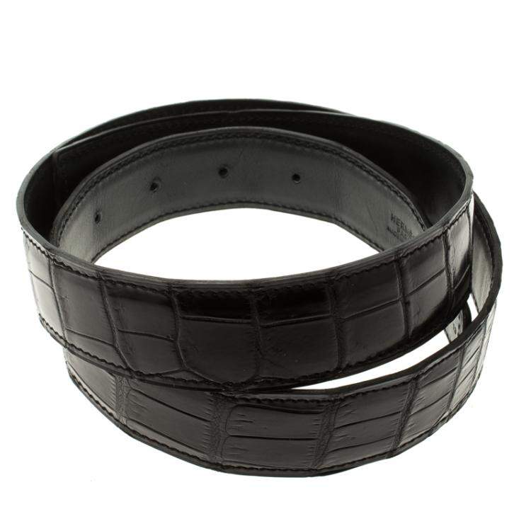 Pre Owned Hermes Black Porosus Crocodile Leather Belt Strap 85cm