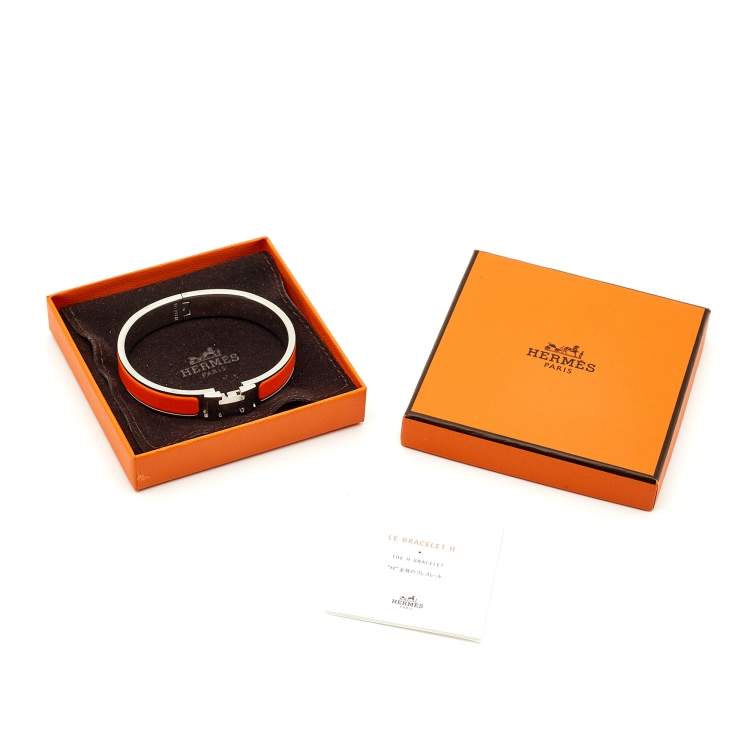 Pre Owned Hermes Clic H Orange Enamel Palladium Plated Bracelet