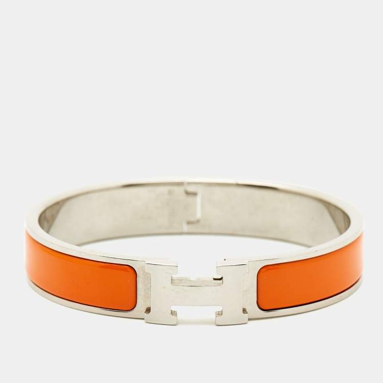 Pre Owned Hermes Clic H Orange Enamel Palladium Plated Bracelet