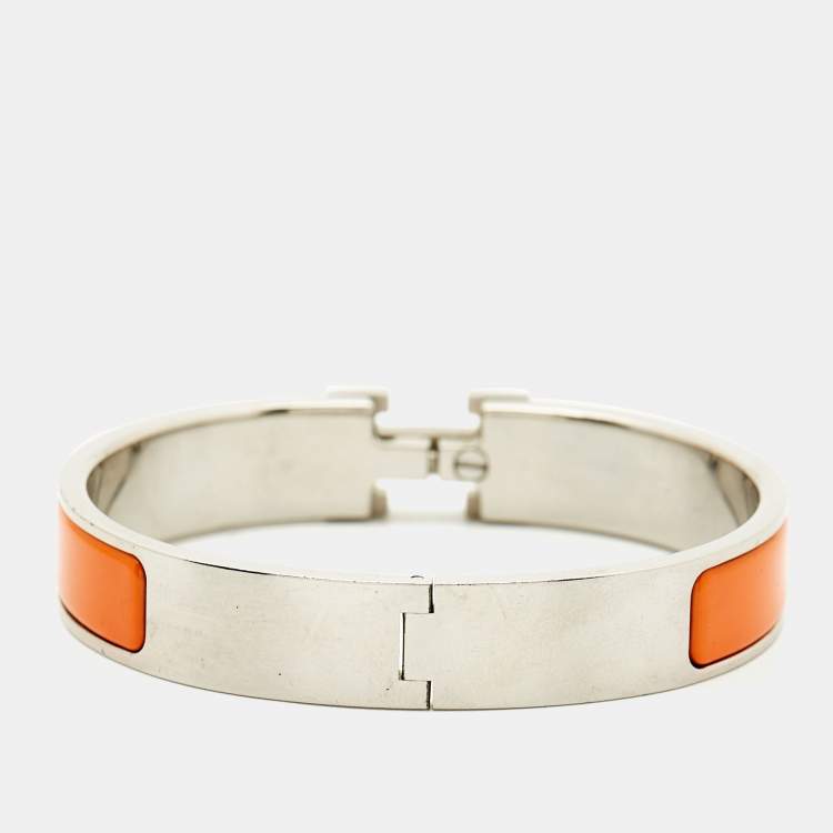 Pre Owned Hermes Clic H Orange Enamel Palladium Plated Bracelet