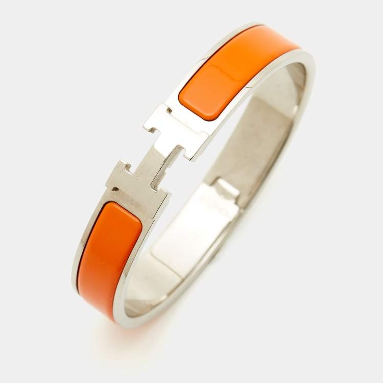 Pre Owned Hermes Clic H Orange Enamel Palladium Plated Bracelet