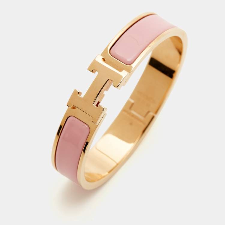 Pre Owned Hermes  Clic H Pink Enamel Rose Gold Tone Bracelet