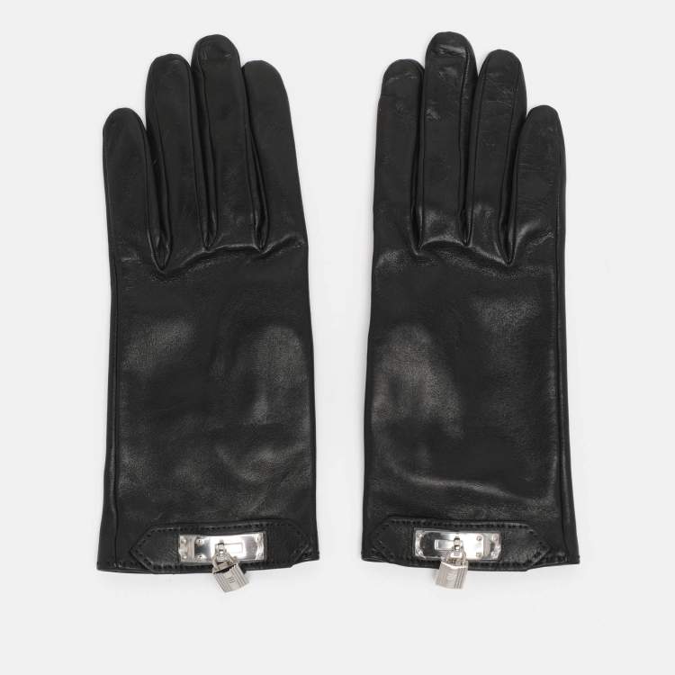 Pre Owned Hermès Noir Leather Soya Kelly Lock Gloves Size 6