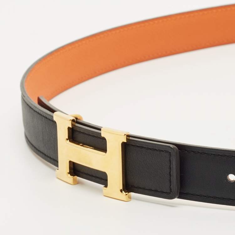 Pre Owned Hermes Black/Orange Chamonix and Epsom Leather Mini H Buckle Belt 110CM