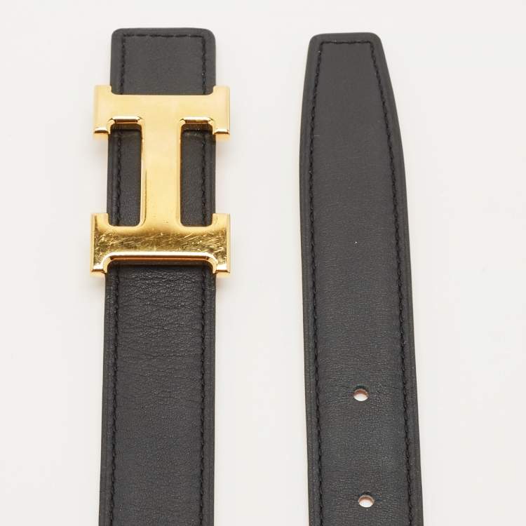 Pre Owned Hermes Black/Orange Chamonix and Epsom Leather Mini H Buckle Belt 110CM