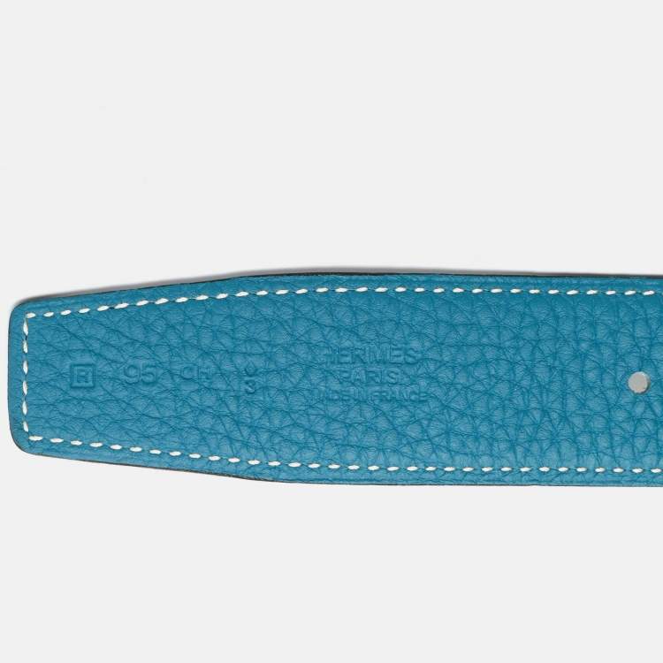 Pre Owned Hermès Blue Jean/Black Clemence and Box Leather Double H Reversible Belt 95CM