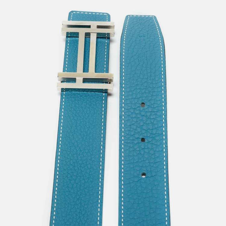 Pre Owned Hermès Blue Jean/Black Clemence and Box Leather Double H Reversible Belt 95CM