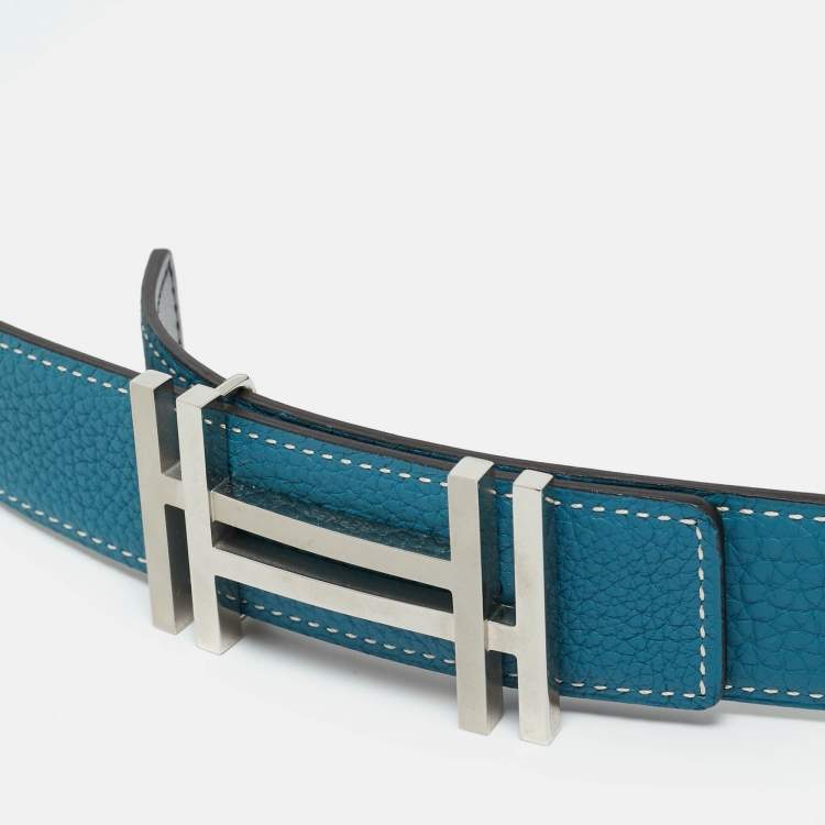 Pre Owned Hermès Blue Jean/Black Clemence and Box Leather Double H Reversible Belt 95CM