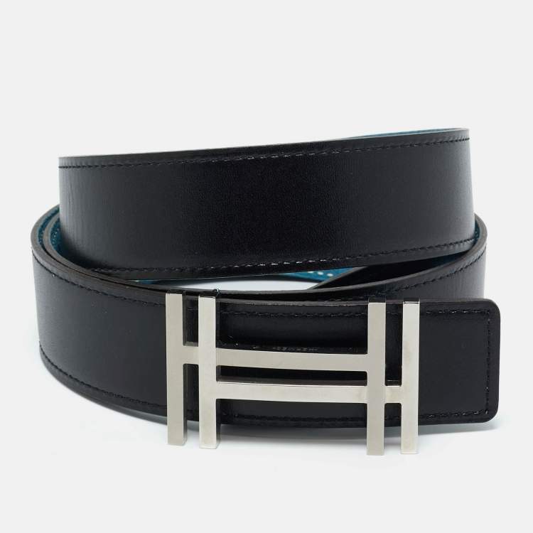 Pre Owned Hermès Blue Jean/Black Clemence and Box Leather Double H Reversible Belt 95CM
