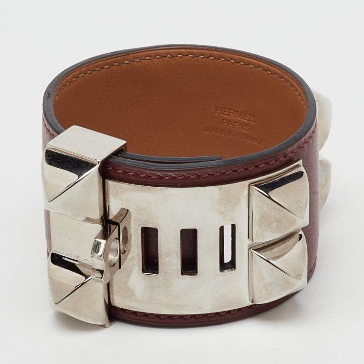 Pre Owned Hermes Collier De Chien Burgundy Leather Palladium Plated Metal Bracelet S