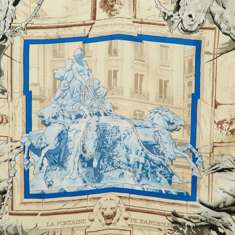 Pre Owned Hermès Navy Blue La Fontaine De Bartholdi Silk Scarf