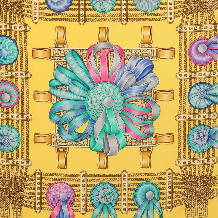 Pre Owned Hermès Yellow Multicolor Printed Silk Les Rubans Du Cheval Scarf 
