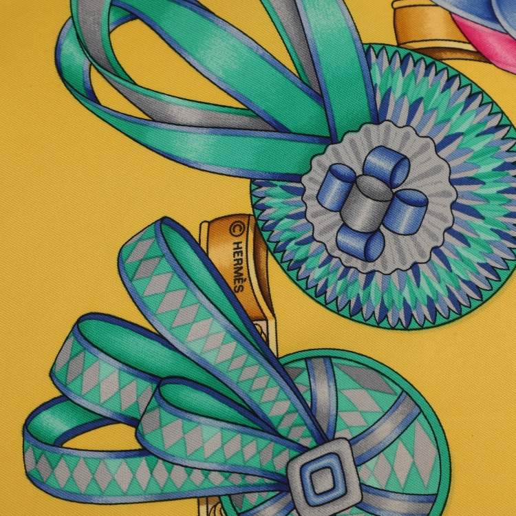 Pre Owned Hermès Yellow Multicolor Printed Silk Les Rubans Du Cheval Scarf 