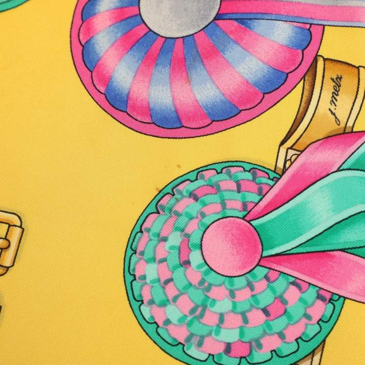 Pre Owned Hermès Yellow Multicolor Printed Silk Les Rubans Du Cheval Scarf 