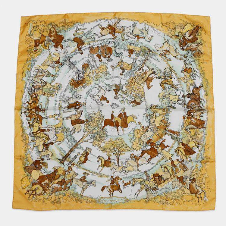 Pre Owned Hermes Carre Les Amazones Lady On Horseback 90 Yellow/Multicolor Silk Scarves 