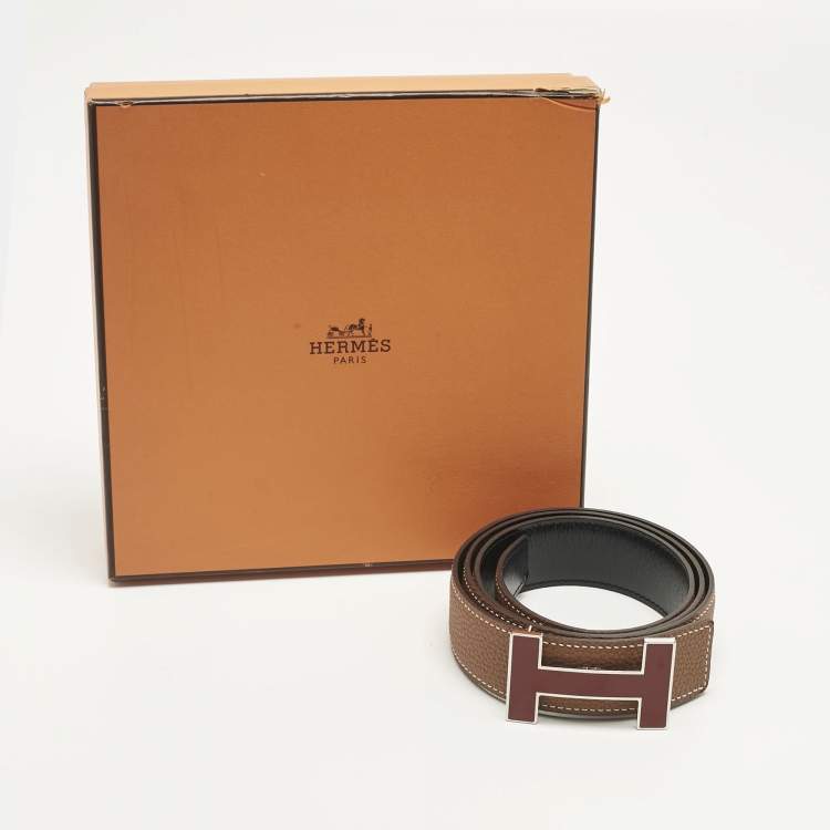 Pre Owned Hermès Gold/Black Togo and Box Leather Quizz Reversible Belt 90CM