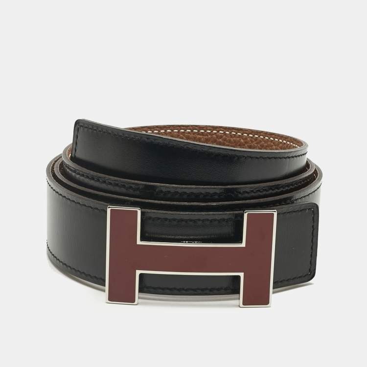 Pre Owned Hermès Gold/Black Togo and Box Leather Quizz Reversible Belt 90CM