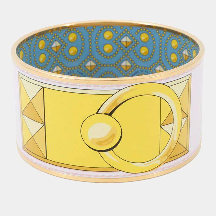 Pre Owned Hermes Email Bangle Size Tgm Yellow/Light Blue/Gold Metal Cloisonne