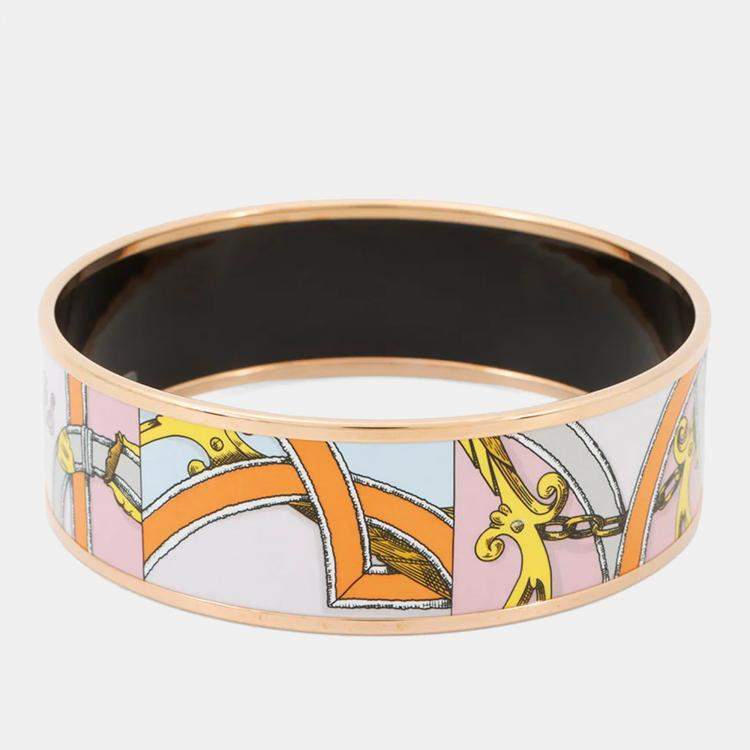 Pre Owned Hermes Email Bangle Size Gm Pink/Orange/Gold Metal Cloisonne