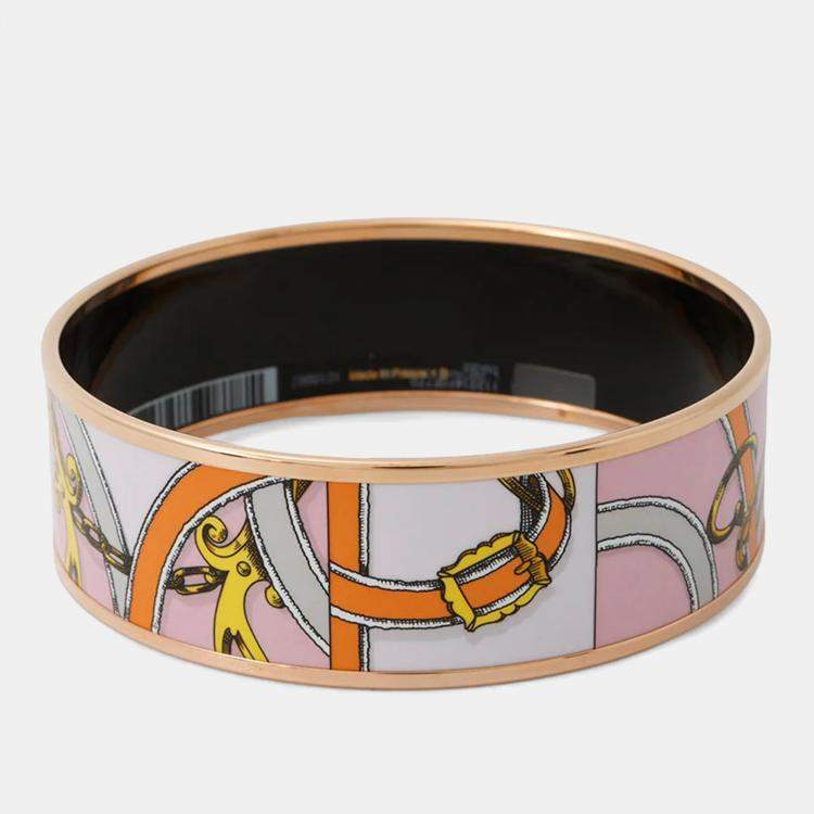 Pre Owned Hermes Email Bangle Size Gm Pink/Orange/Gold Metal Cloisonne