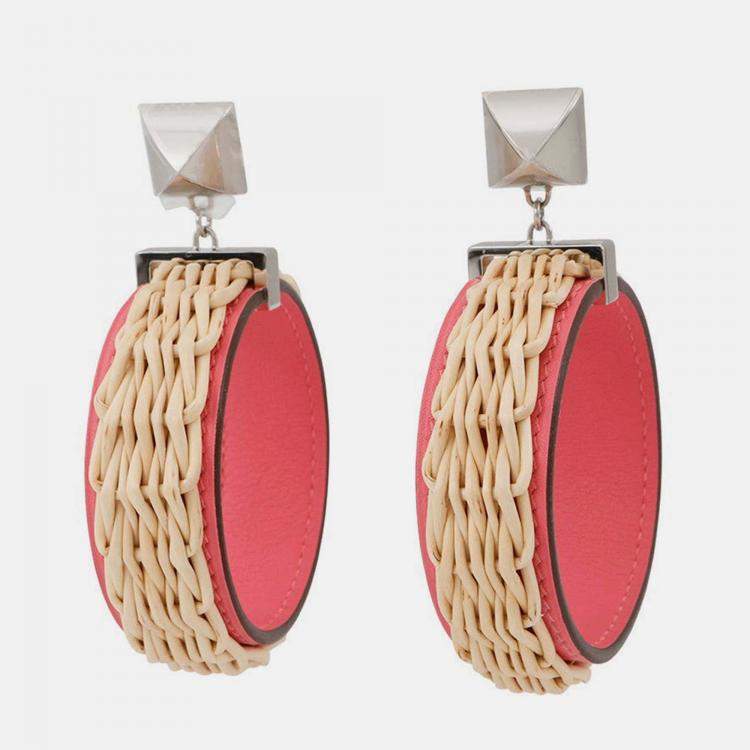 Pre Owned Hermes Medor Picnic Earrings Size Gm Pink/Natural Swift Leather Willow