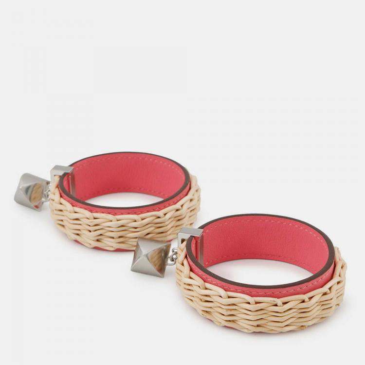 Pre Owned Hermes Medor Picnic Earrings Size Gm Pink/Natural Swift Leather Willow