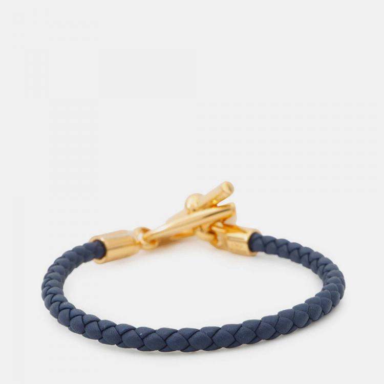 Pre Owned Hermes Etrier Navy Swift Leather Metal Bracelet 