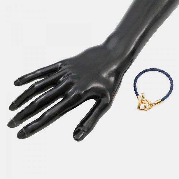 Pre Owned Hermes Etrier Navy Swift Leather Metal Bracelet 