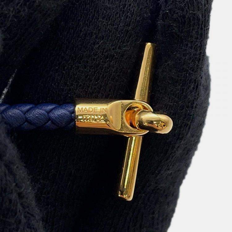 Pre Owned Hermes Etrier Navy Swift Leather Metal Bracelet 