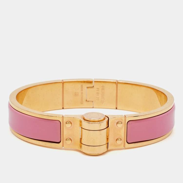 Pre Owned Hermès Pink Enamel Gold Plated Charniere Narrow Hinged Bracelet