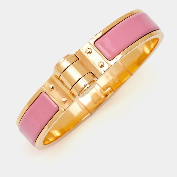 Pre Owned Hermès Pink Enamel Gold Plated Charniere Narrow Hinged Bracelet