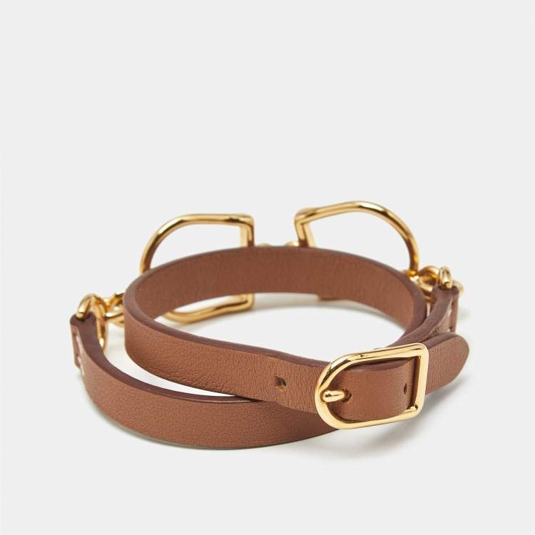 Pre Owned Hermès  Etrier Double  Brown Leather Gold Tone Tour Bracelet