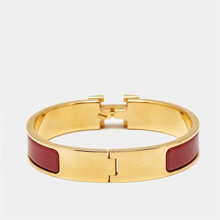 Pre Owned Hermès Clic H Red Enamel Gold Plated Bracelet