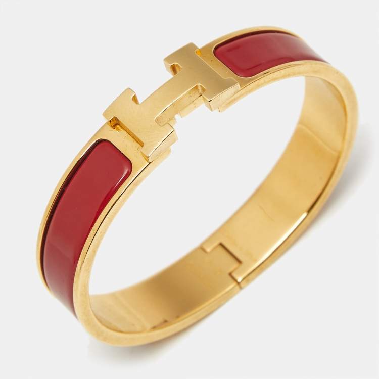 Pre Owned Hermès Clic H Red Enamel Gold Plated Bracelet