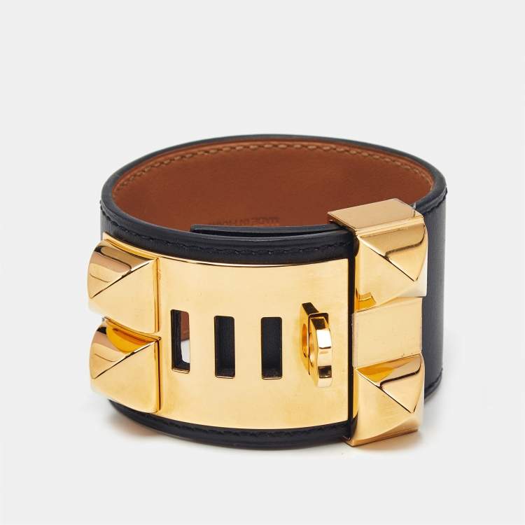 Pre Owned Hermès Collier De Chien Black Leather Gold Plated Bracelet S