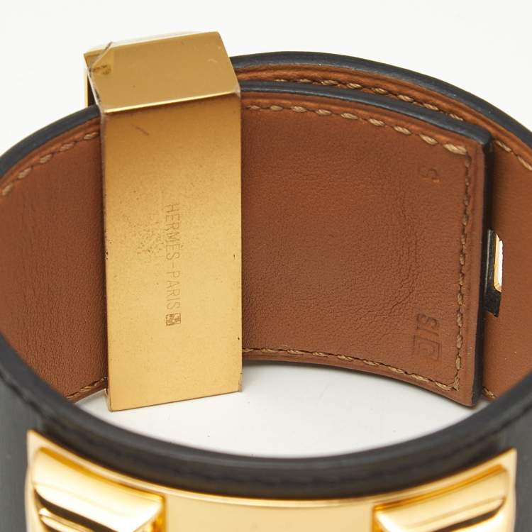Pre Owned Hermès Collier De Chien Black Leather Gold Plated Bracelet S
