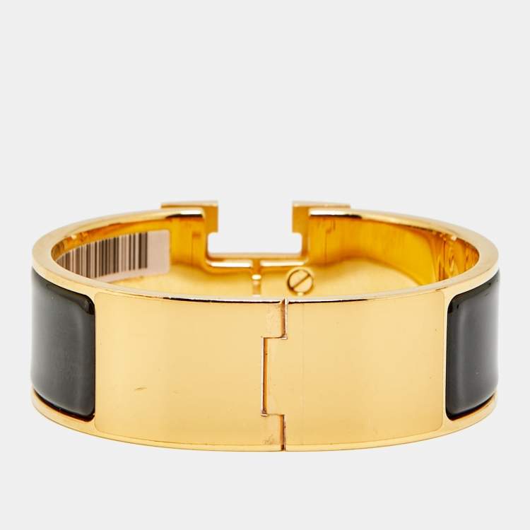 Pre Owned Hermes Clic Clac H Black Enamel Gold Plated Bracelet