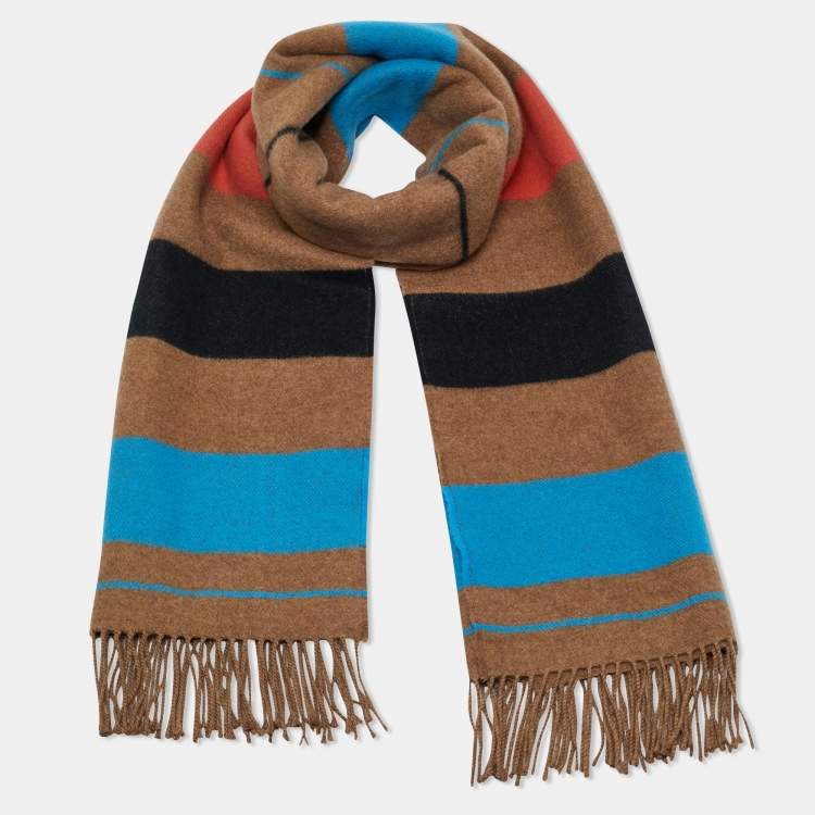Pre Owned Hermes Brown Stripe Cashmere Fringed Stole