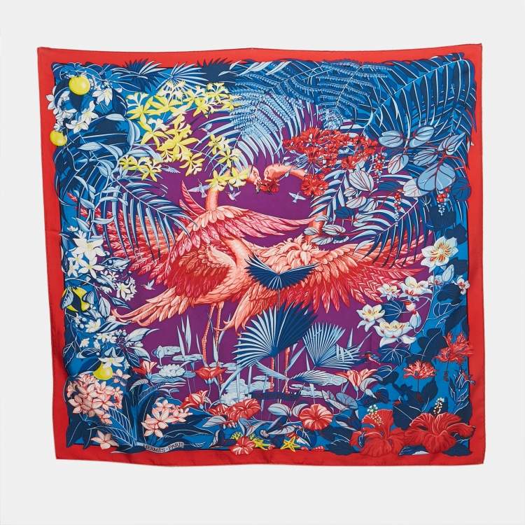 Pre Owned Hermes Blue Silk Flamingo Party Scarf 