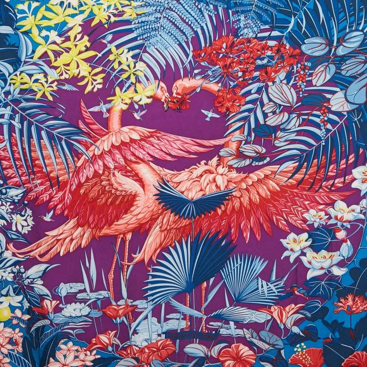 Pre Owned Hermes Blue Silk Flamingo Party Scarf 