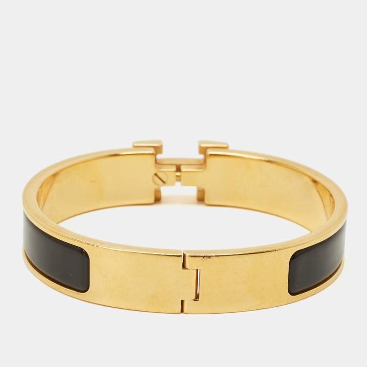 Pre Owned Hermes Clic H Black Enamel Gold Plated Bracelet
