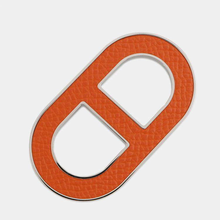 Pre Owned Hermes Chaine D'Ancre Brooch Orange Minyan Epsom Metal