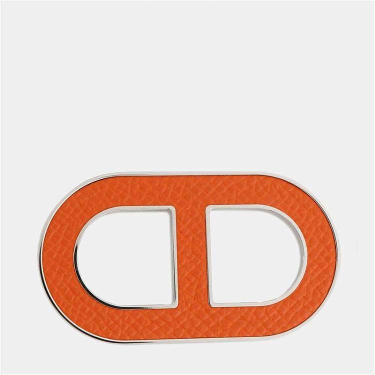 Pre Owned Hermes Chaine D'Ancre Brooch Orange Minyan Epsom Metal